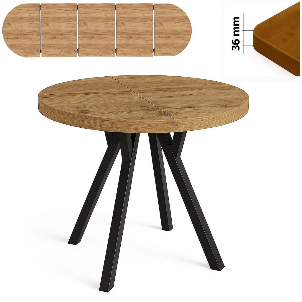 Stół 100/250 cm okrągły rozkładany, blat 3,6 cm, nogi Metalowe „ Y ” | ArtD Home