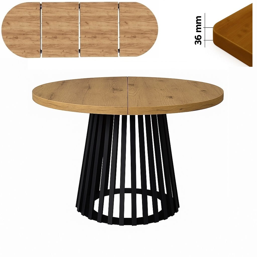 Stół 100/200 cm okrągły rozkładany, blat 3,6 cm, podstawa Metalowa „ Lamele ” I ArtDHome