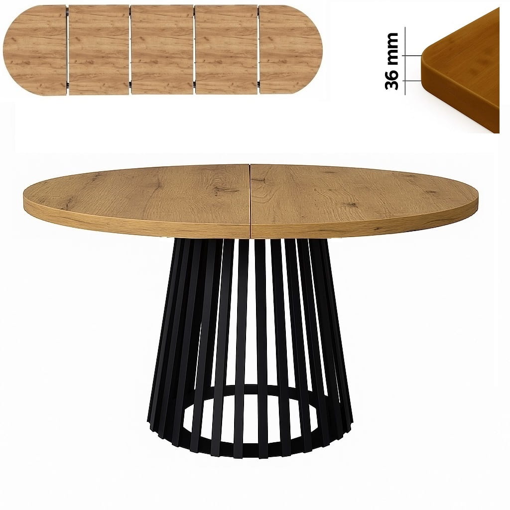 Stół 120/270 cm okrągły rozkładany, blat 3,6 cm, podstawa Metalowa „ Lamele ” | ArtD Home
